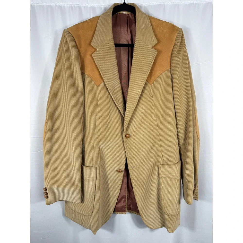 Brad Whitney Mens Vintage Tan Corduroy Western‎ Blazer Suede Yoke Size 40
